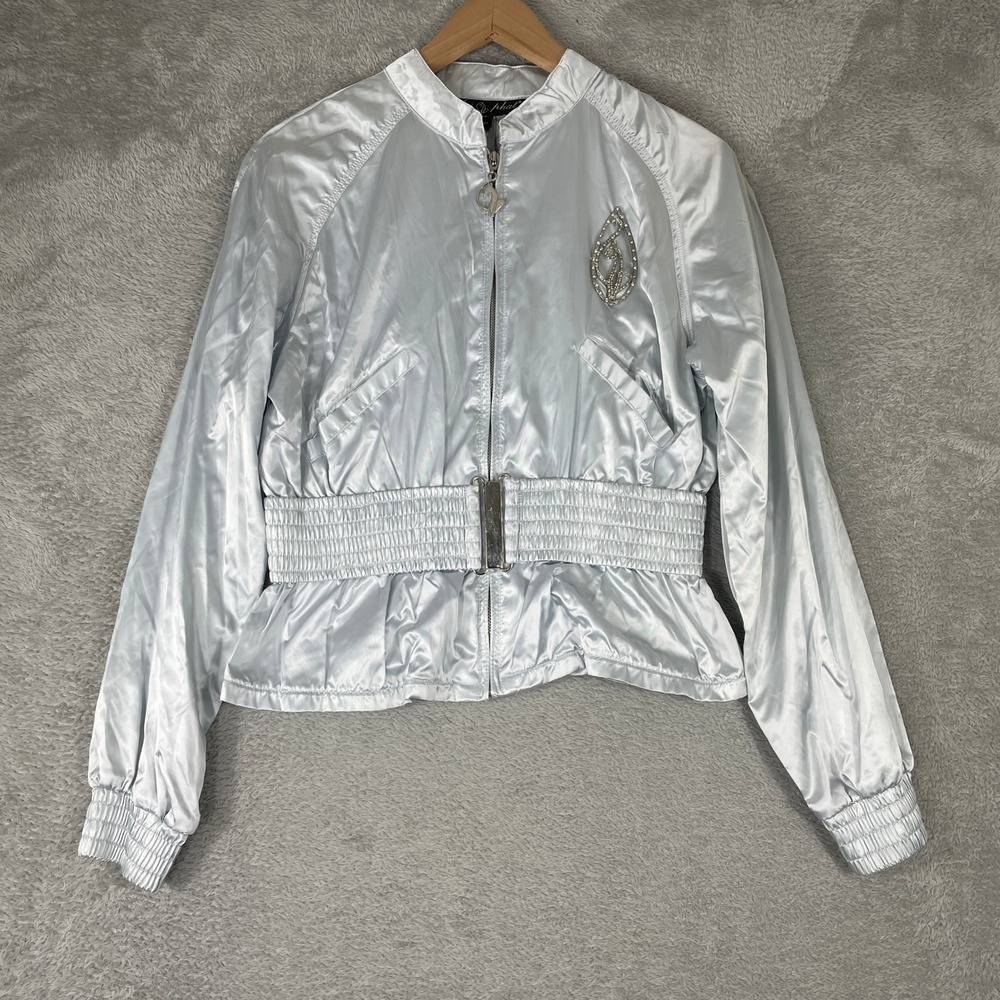 Baby Phat Bomber Jacket Womens Medium Silver Rhinestone Logo Y2K McBling Satin